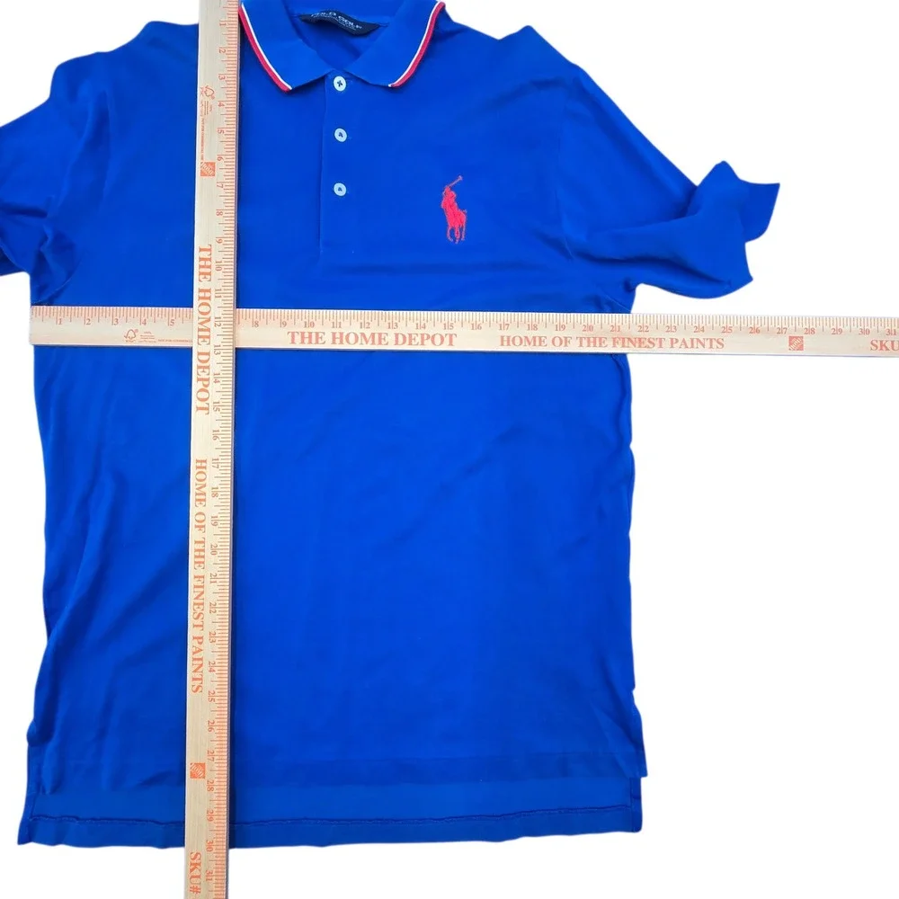 Polo Golf Ralph Lauren Mens M Blue Pima Cotton Tipped Polo Shirt Red‎ Pony
